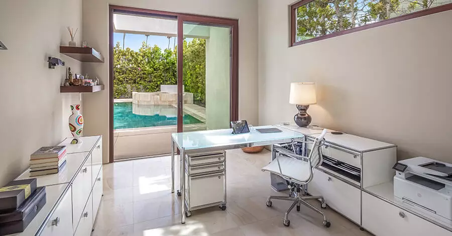 desk with pool view