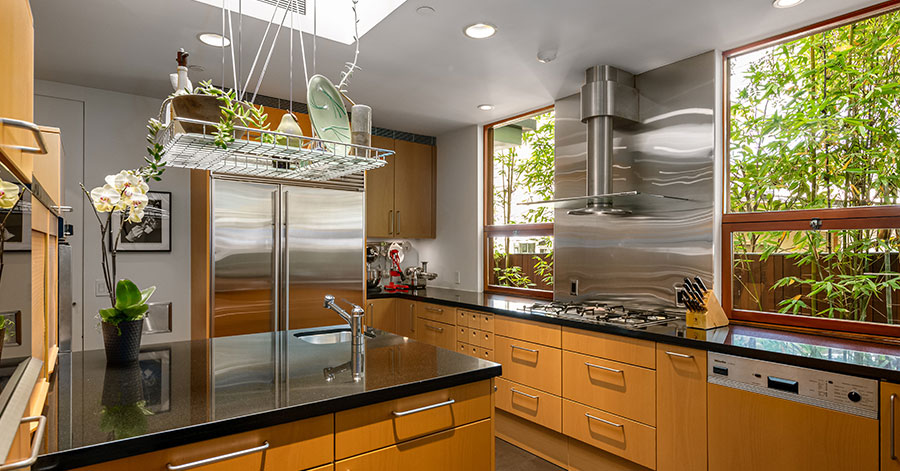 kitchen filled with natural light from sky light