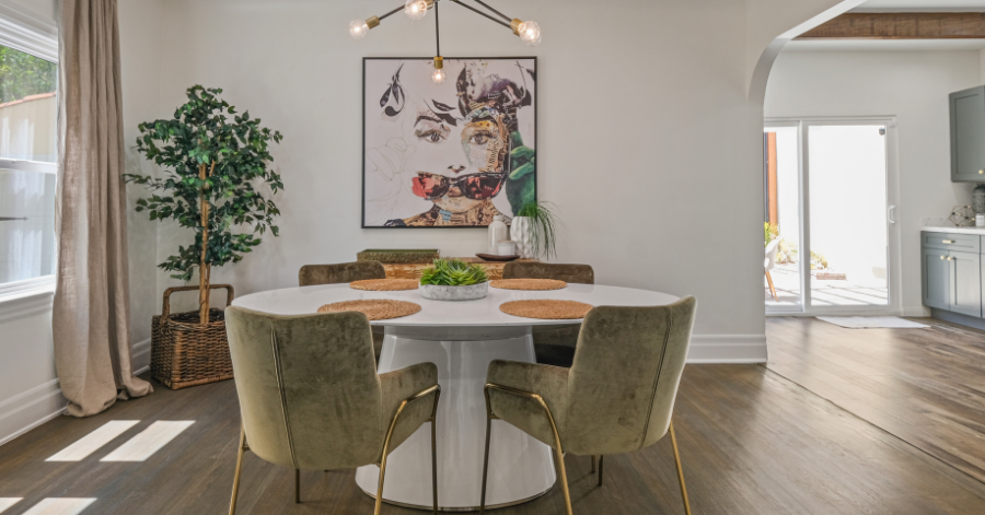 dining room with earth tones and indoor plants 