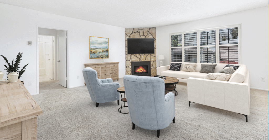 Elegant carpeted living room/sitting area. 