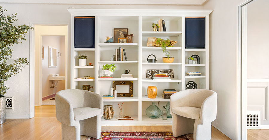 White shelves and seating area