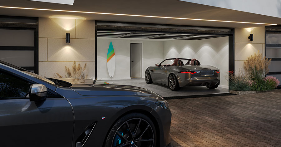 View of car approaching private garage located underneath Carlsbad Sea Glass condos