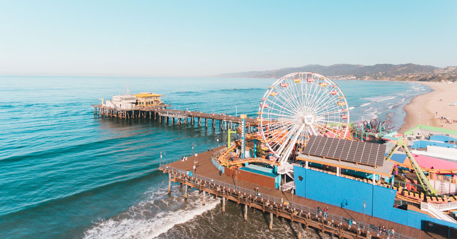 aerial coastal view in southern california of Santa Monica Pier