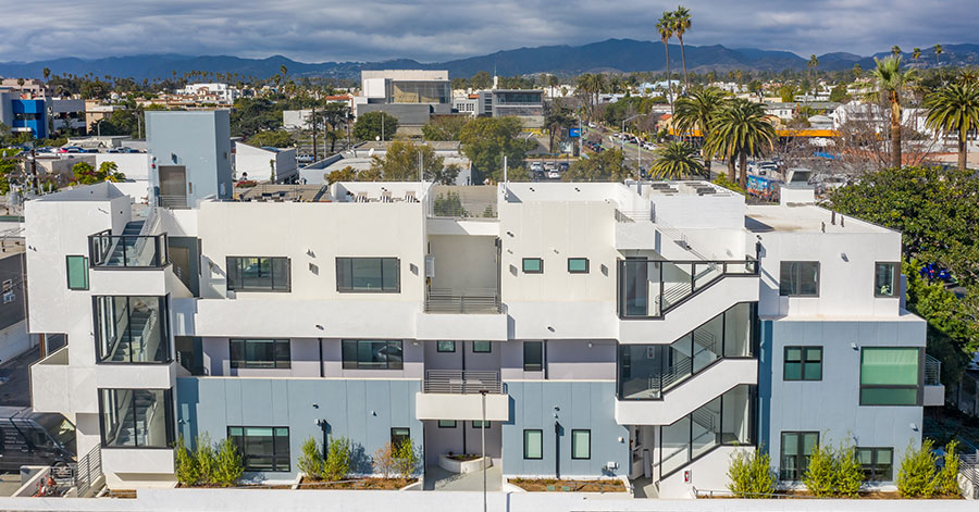 Aerial image of the side of luxury condos at Fourteen44 Santa Monica