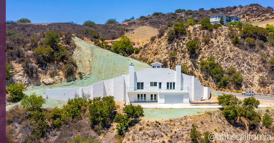 Exterior of newly built underground dome home built into Topanga Canyon hillside