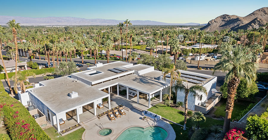 Aerial view of Mid-century modern home and the Thunderbird Heights Rancho Mirage luxury community 