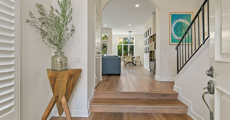 remodeled home's decorated entryway with plant, wood flooring, and bright light from windows