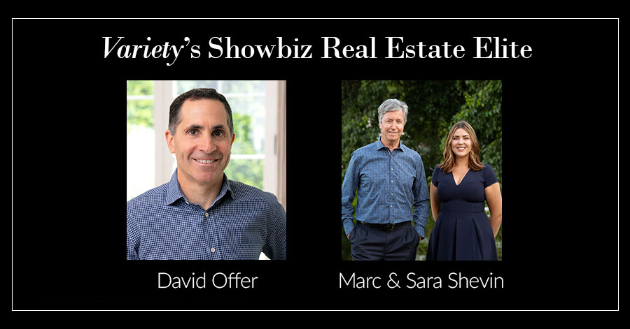 Black image with white text and title reading Variety's Showbiz Real Estate Elite. Two photos, one of David offer, and one of the Shevin Team 