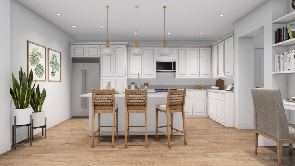 Rendering of kitchen showing white cabinets, quartz counter tops, and a large kitchen island with three bar height chairs. 