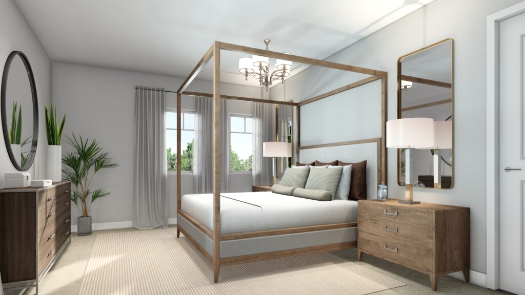 Rendering of modern master bedroom with two windows on far wall 