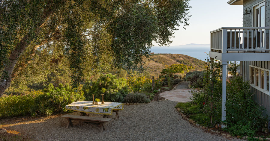 Peaceful back yard with large tree and picnic table overlooking a canyon and mountains 