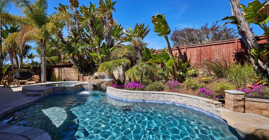 Pristine sparkling blue pool with purple flowering plants and palm trees in fenced in yard. 