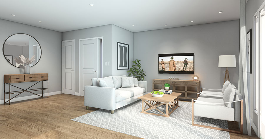 Rendering of modern living room interior with wood-like flooring 