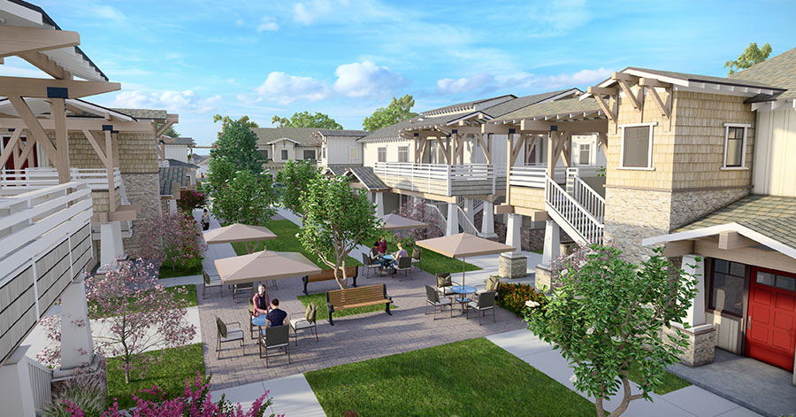 Aerial view inside Magnolia Court homes: Rendering shows courtyard with grass, trees, benches