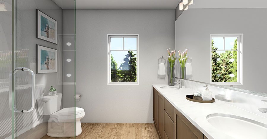 Rendering of modern bathroom with brown cabinets, quartz counter tops, and glass walled shower 