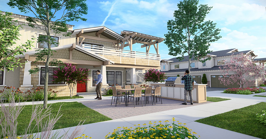 Rendering of exterior of a Magnolia Court home with a patio area and large grilling space 