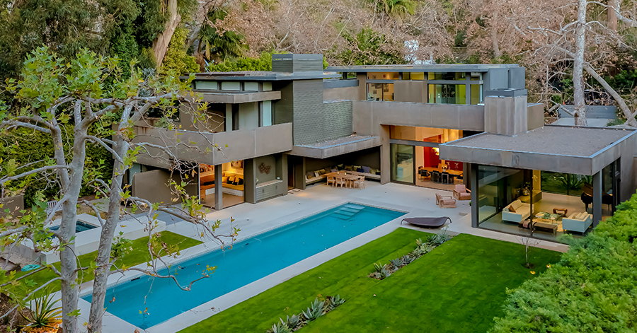 aerial view of modern luxury bel air estate and pool 