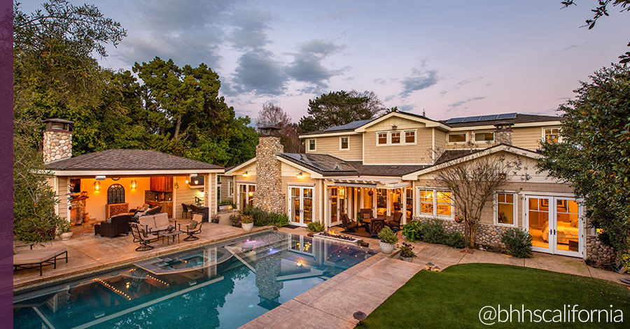 Homes made for entertaining - large backyard with pool, cabana, kitchenette, fireplace, and fire table. 