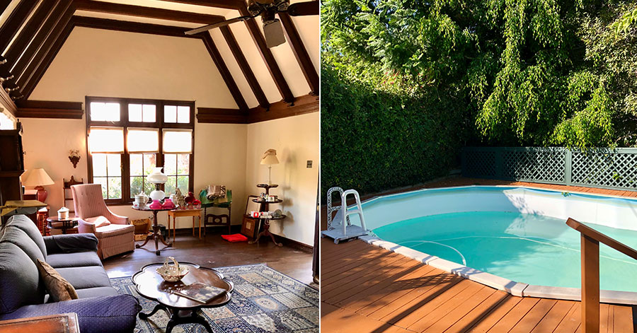 Side by side photos; photo 1 shows interior of living room, photo 2 shows the above ground pool in the backyard 