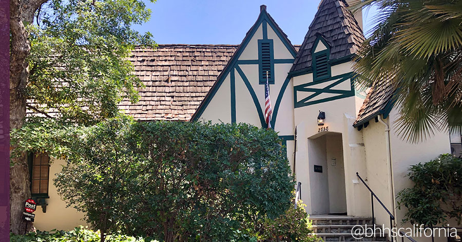 Exterior of original Hollywoodland home with English Tudor style roof and exterior 