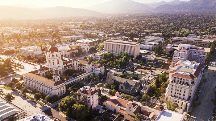 Aerial view of City Hall buildings in Pasadena, California