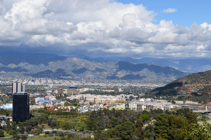 Aerial view of the San Fernando Valley mountains and buildings near Studio City, California