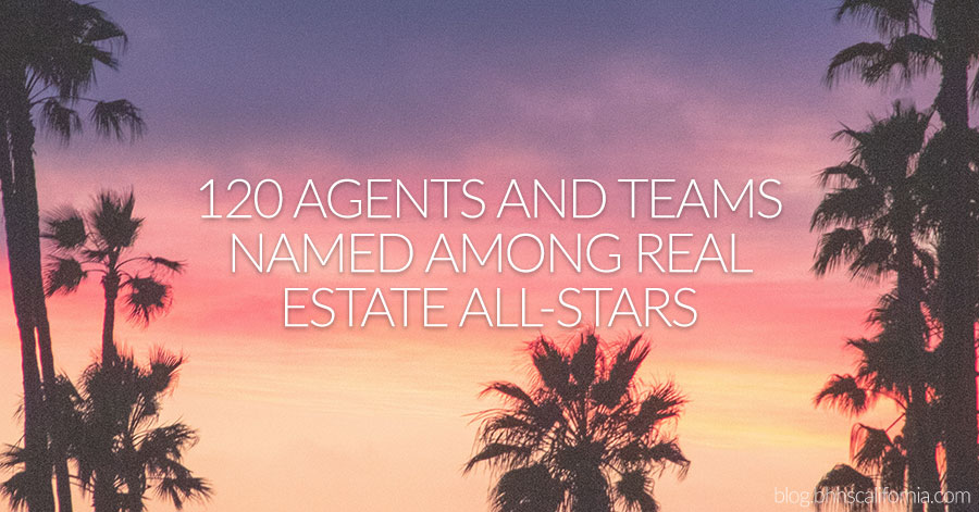 Sunset sky with palm trees and text that reads "120 agents and teams named among real estate all-stars" 