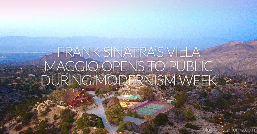 Aerial photo of desert home with title "Frank Sinatra’s Villa Maggio Palm Desert Hideaway Opens to Public for First Time During Modernism Week" 