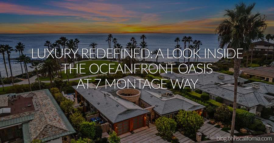 aerial shot of home and ocean at twilight with text that reads: luxury redefined: a look inside the oceanfront oasis at 7 Montage Way. 