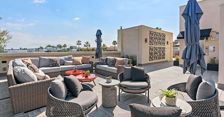 rooftop patio with palm tree tops in view