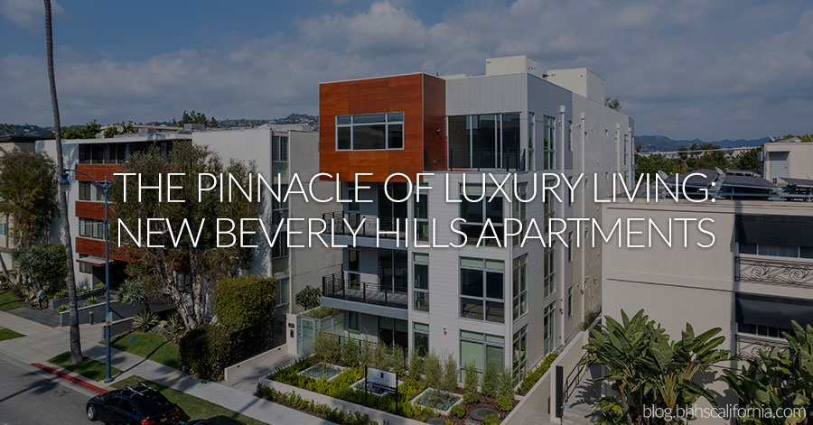 Aerial view of exterior of new construction apartments with text that reads: The Pinnacle of Luxury Living: New Beverly Hills Apartments 