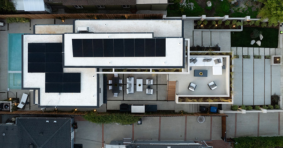 aerial view of the home showcasing the many solar panels 