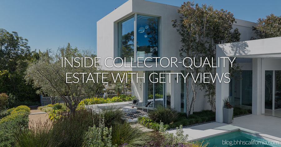 Exterior of modern white home and surrounding pool and gardens wtih text overlay: Insid Collector-Quality Estate with Getty Views.