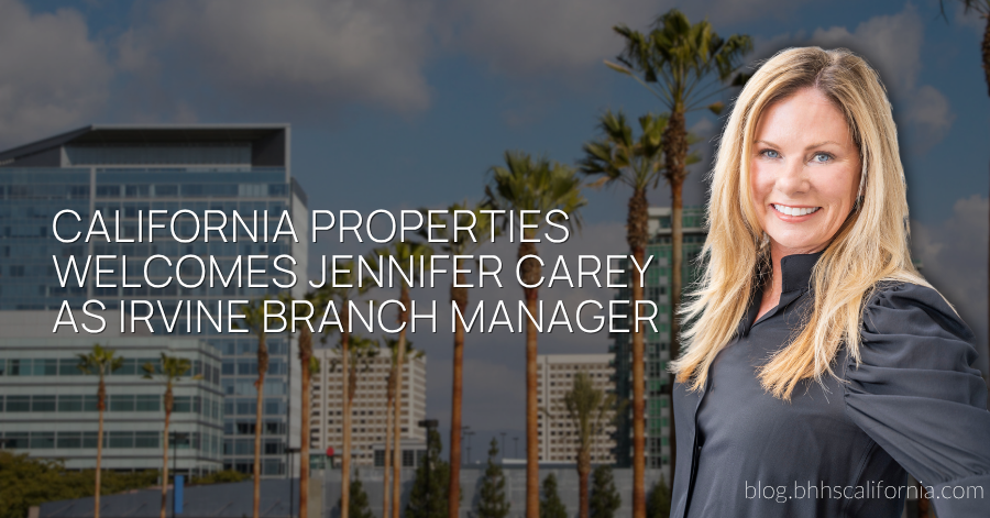 Photo of Irvine and blonde woman with text that reads: California Properties Welcomes Jennifer Carey as Irvine Branch Manager